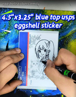 A quick cat doodle on our blank blue top priority mail eggshell stickers #bluetop #eggshellstickers